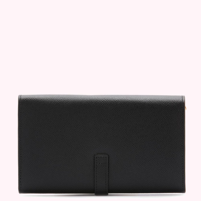 Black leather wallet on a white background.