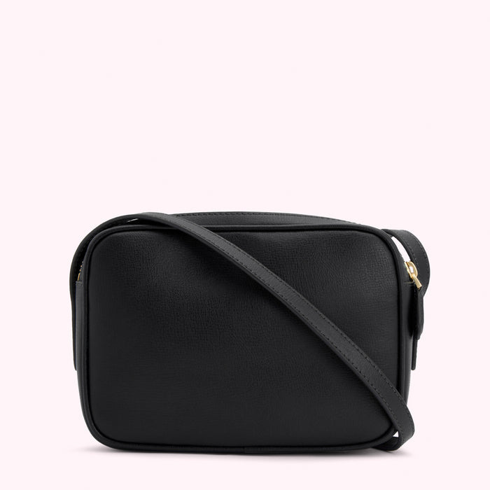 Black leather crossbody bag with gold zipper.