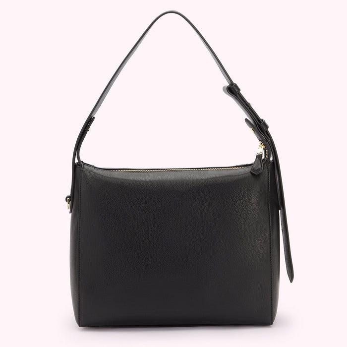 Back image of a black leather shoulder bag.