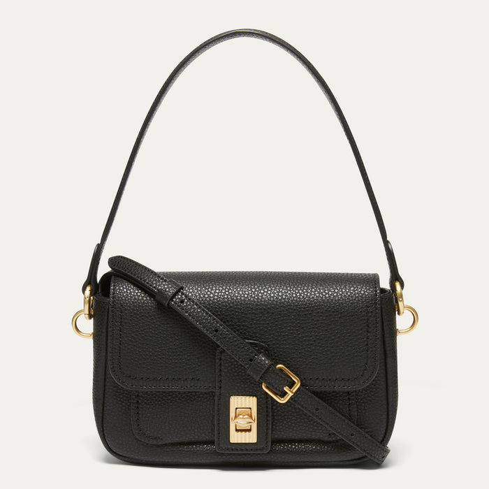 A black pebbled leather shoulder bag with a flap front, gold-tone turn-lock closure, and adjustable shoulder strap, shown on a light gray background.