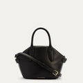 A front image of a black leather handbag with a top handle and a gold foil Lulu Guinness logo.