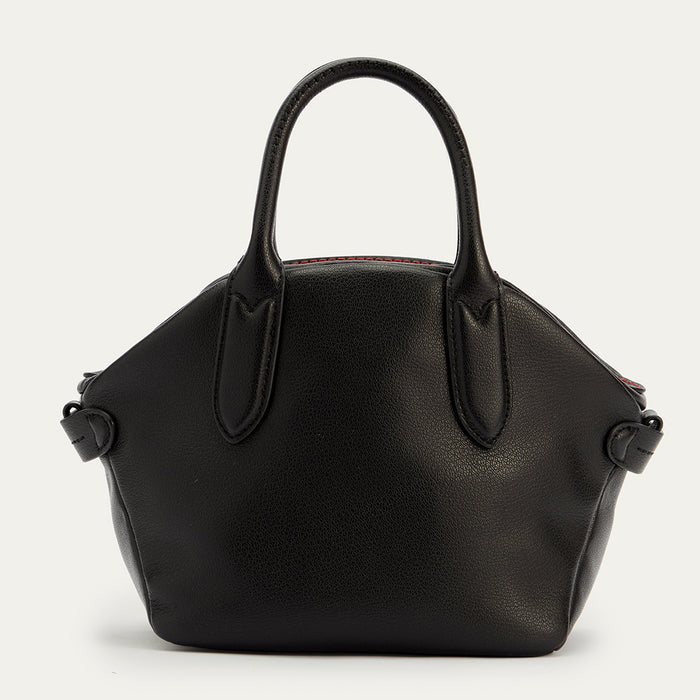 A back image of a black leather handbag with a top handle.
