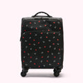 Black carry-on suitcase with a repeating pattern of red lips and white "LG" logos.