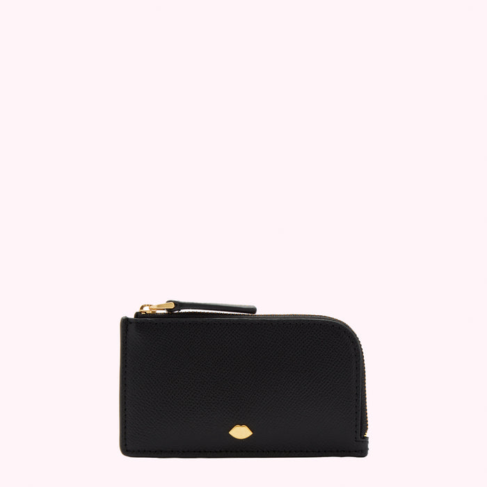 Black leather zip-around cardholder with gold lip detail on a white background.