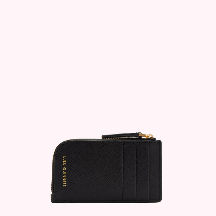 Black Lulu Guinness zip-around cardholder with gold zipper and logo.