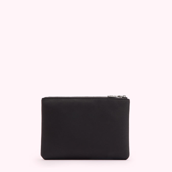 Black zippered pouch on white background.