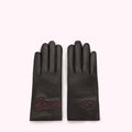 Pair of black leather gloves with red embroidered detailing.