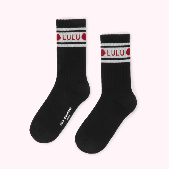 Pair of black Lulu Guinness socks with red heart and logo detail.