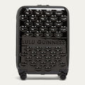 Black suitcase with a lip pattern and Lulu Guinness branding on a white background
