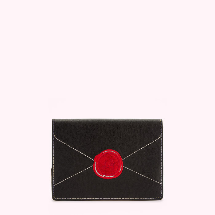 Black leather envelope-shaped cardholder with a red wax seal emblem.