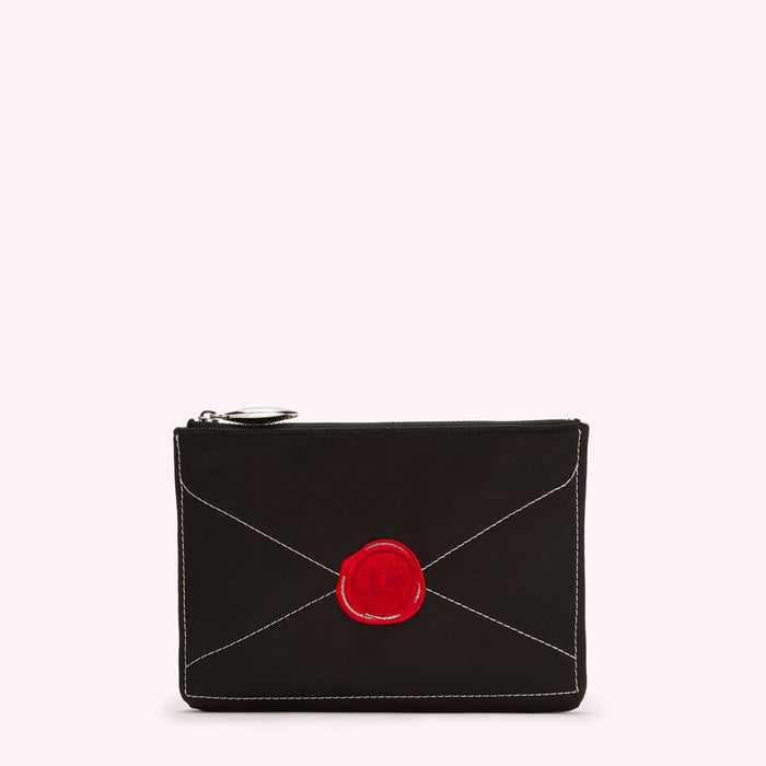 Black envelope-shaped zipper pouch with a red wax seal.