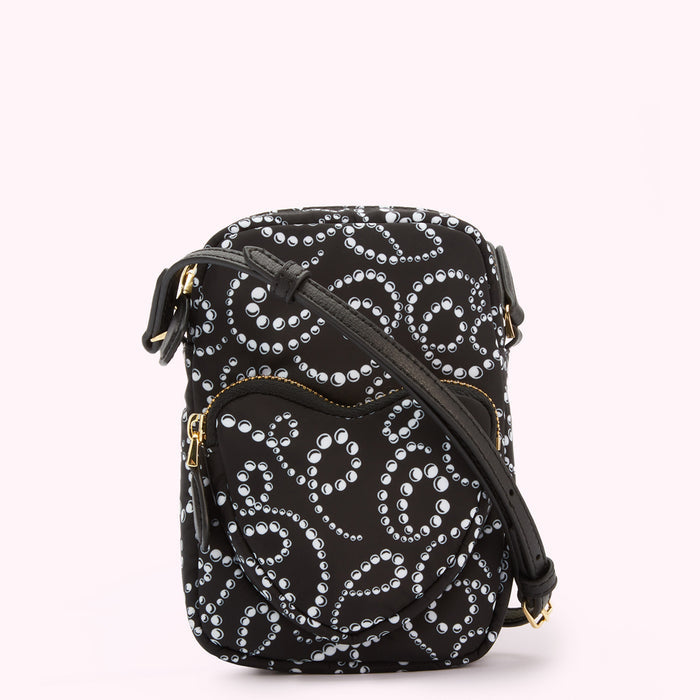 Black crossbody bag with white pearl pattern.
