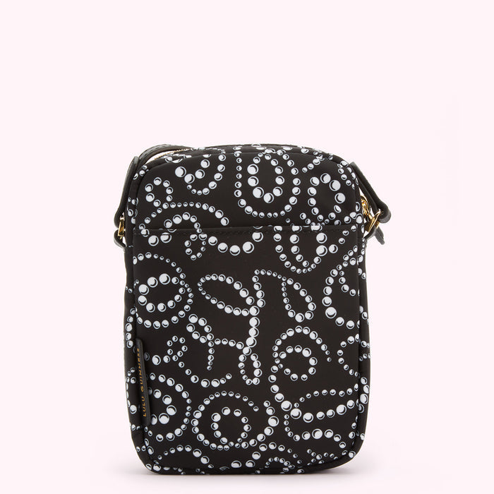 Black crossbody bag with white pearl pattern.
