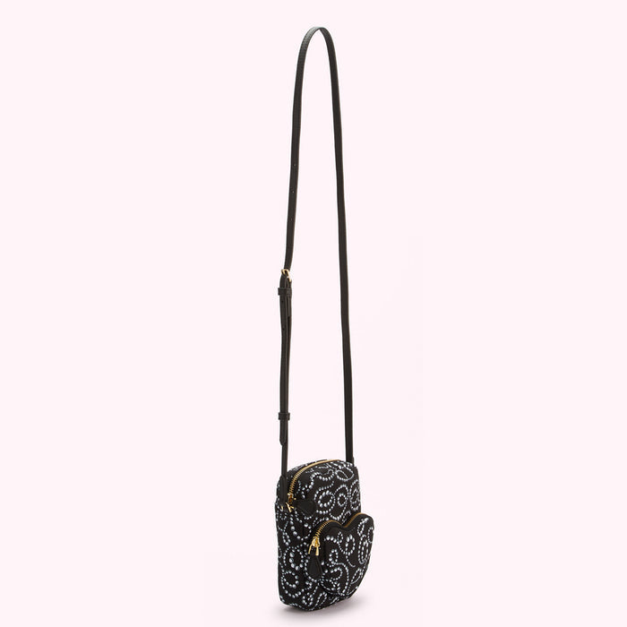 Black crossbody bag with light blue embellishments on a white background.