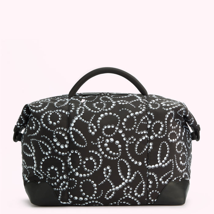 Black duffel bag with a white pearl pattern on a white background.