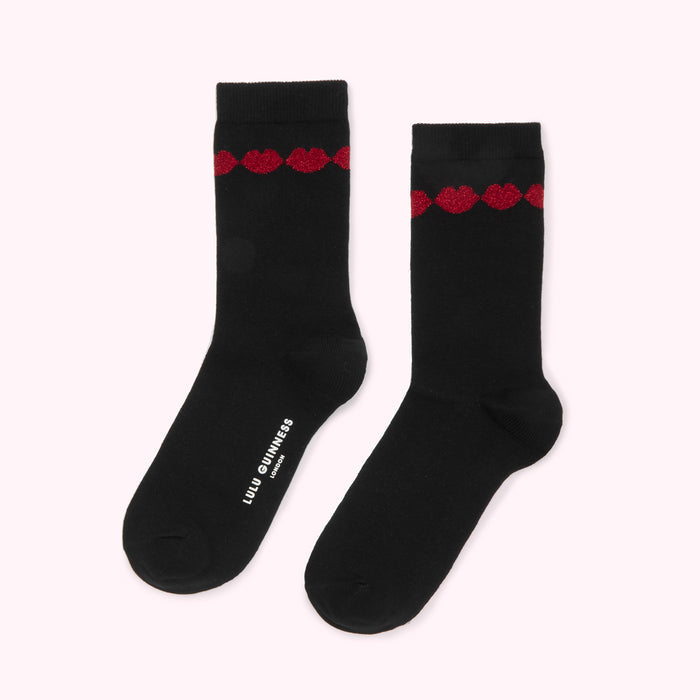 Pair of black Lulu Guinness socks with red glitter lips detail.