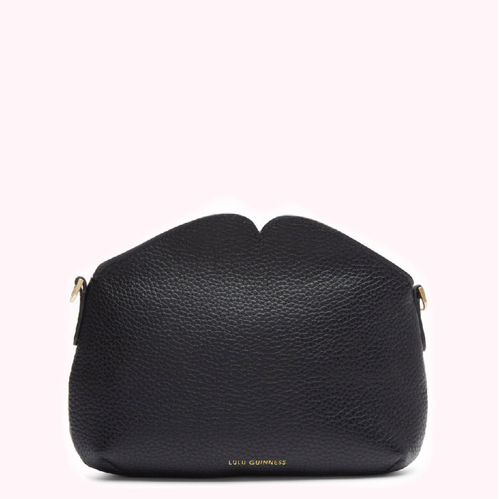 Black Lulu Guinness Lips crossbody bag on a white background.