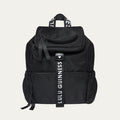 Black backpack with Lulu Guinness strap on a light grey background