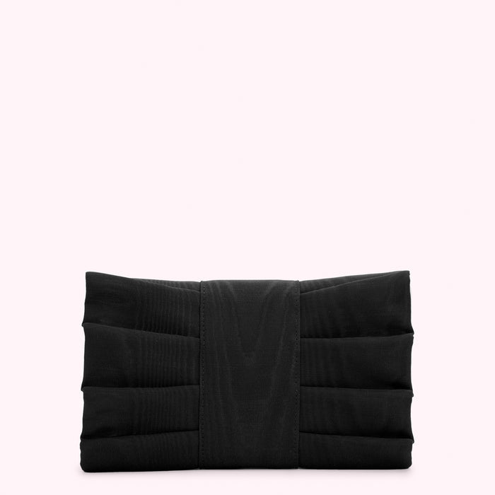Black pleated clutch on a white background.