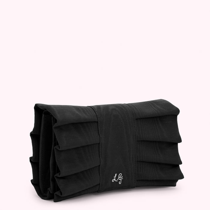 Black pleated clutch with L.G. logo.