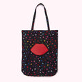 Black tote bag with a red lip design and multi-coloured lip print.