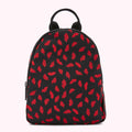 Black backpack with a red lips print.