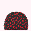 Black half-moon shaped cosmetic bag with red lips print.