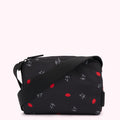Black crossbody bag with red lips and LG logo print.