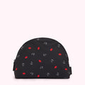 Black half-moon shaped cosmetic bag with a red lips and white L.G. logo pattern.