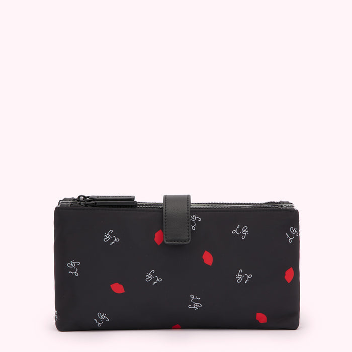 Black wallet with red lips and white LG logos on a black background.