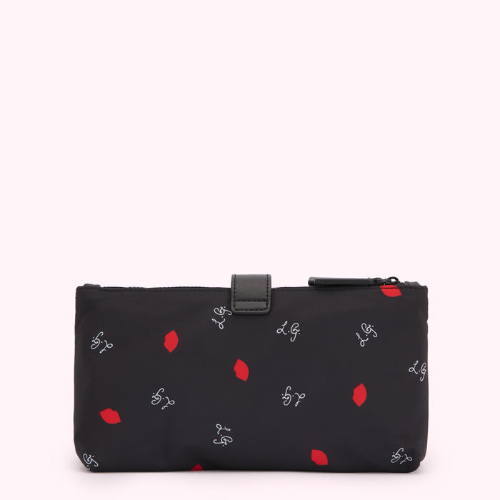 Black pouch with red lips and logo print.