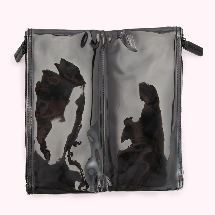 Black translucent makeup bag with two compartments and zippers.