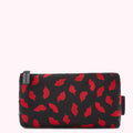 Black cosmetic bag with red lips print.