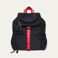 Black backpack with a red strap featuring 'Lulu Guinness' branding on a light grey background.