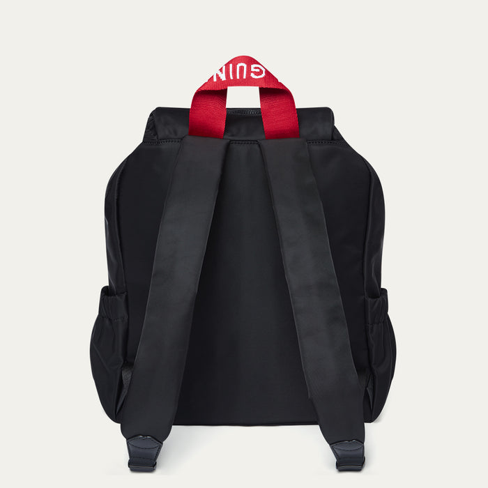 Black backpack with red handles on a white background