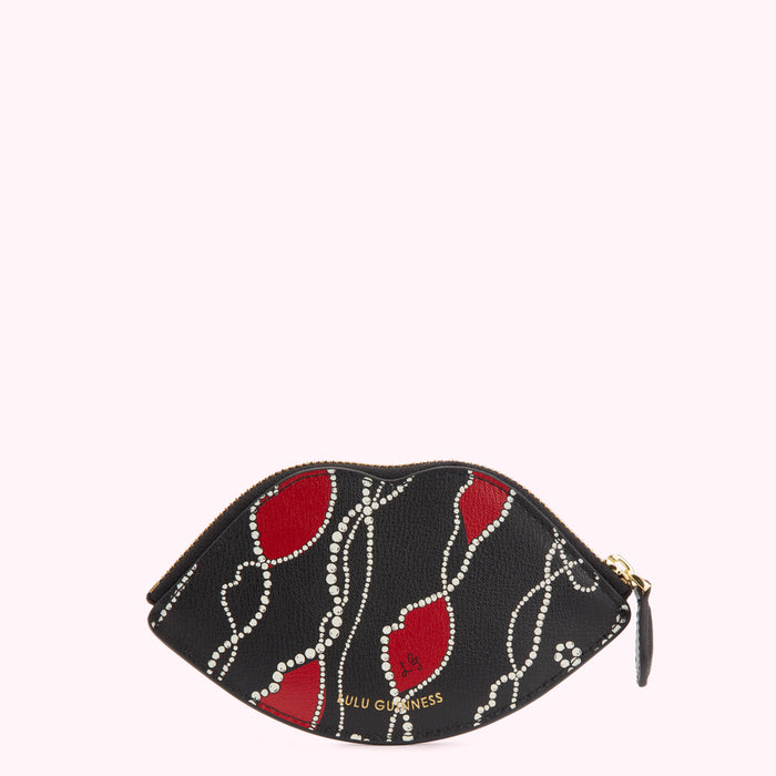 Black lip-shaped coin purse with red lips and white pearl details against a white background.