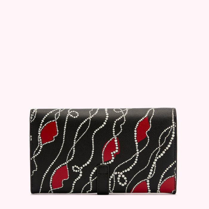 Black leather wallet with red lips and white pearl details.