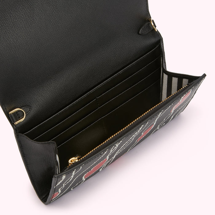 Open black leather wallet with red and white patterned exterior.