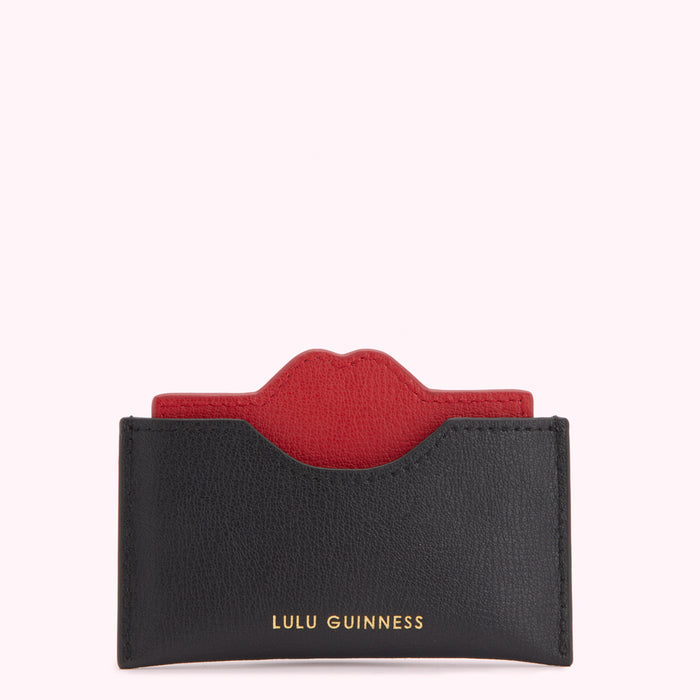 Black and red leather Lulu Guinness cardholder with red lips detail.