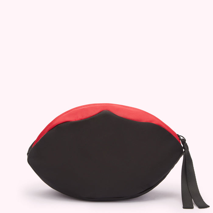Black and red lip-shaped cosmetic bag.