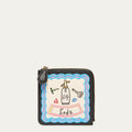 Small black coin purse with colourful design on a white background