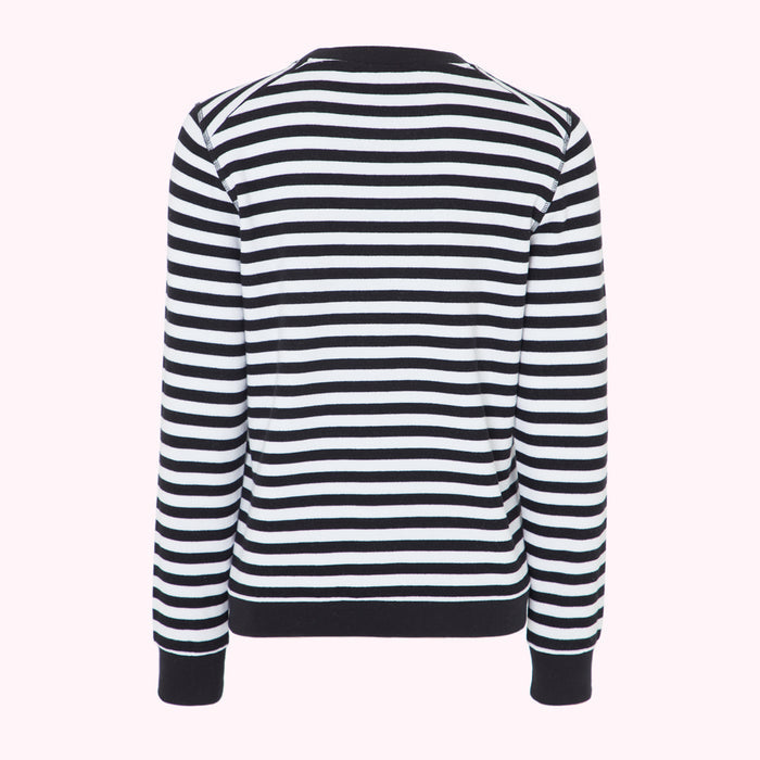 Black and white horizontally striped long-sleeved sweater, shown from the back.