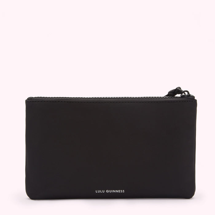 Black Lulu Guinness zip pouch on white background.