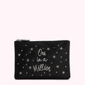 Black satin pouch with silver lettering that says "One in a Million" and silver star embellishments.