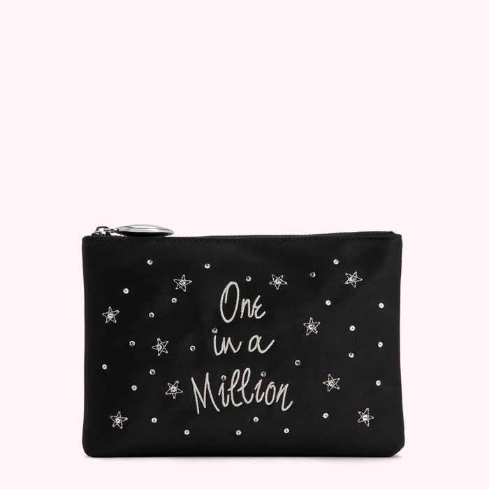 Black satin pouch with silver lettering that says "One in a Million" and silver star embellishments.