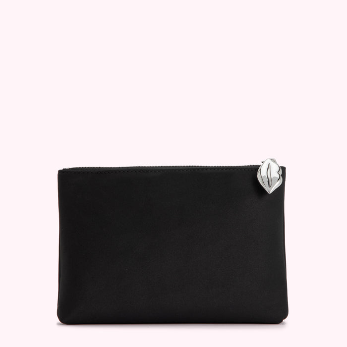 Black zippered pouch with a silver lip-shaped zipper pull, on a white background.