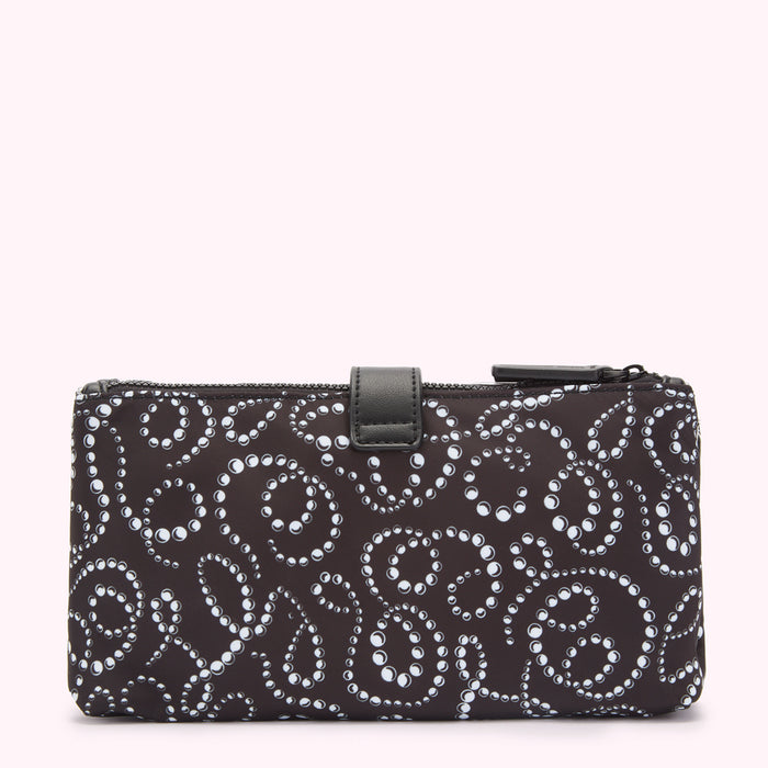 Black pouch with a white pearl pattern.