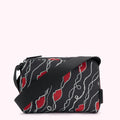 Black crossbody bag with red lips and pearl necklace pattern.