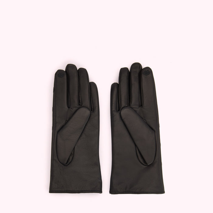 Pair of black leather gloves on a white background.