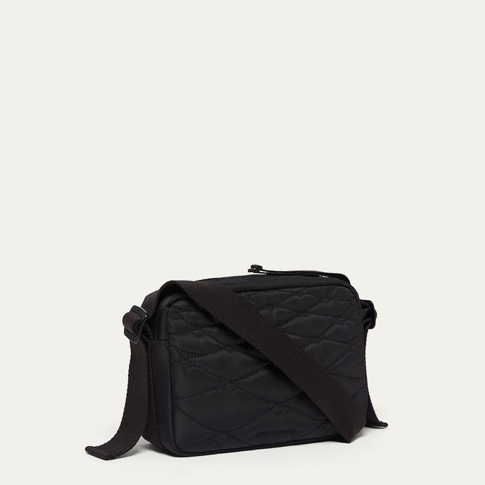 Black quilted crossbody bag on a white background